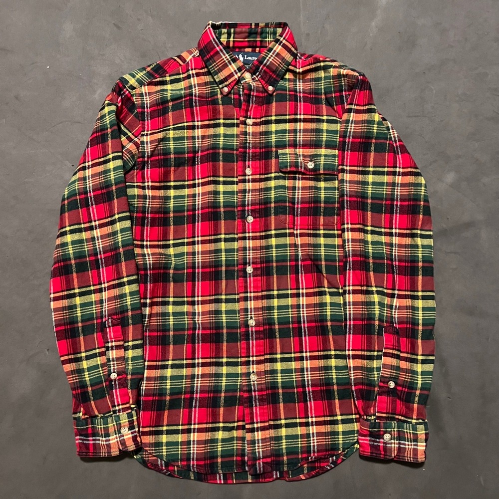 Ralph Lauren Mens Tartan Plaid Flannel‎ Button Down Shirt Red Green Small